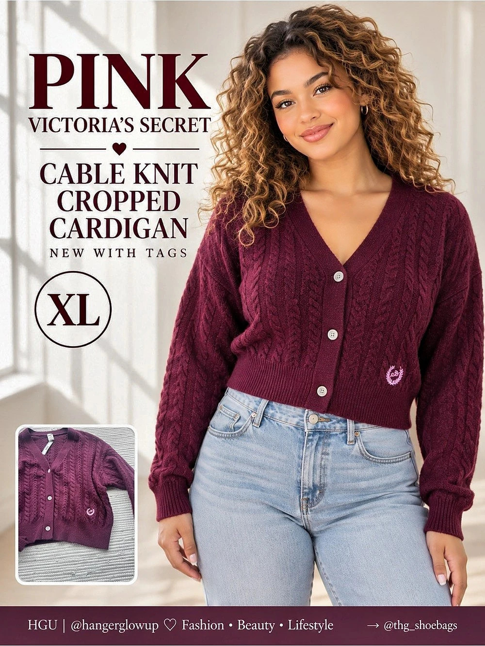 PINK Victoria’s Secret Cable Knit Cropped Cardigan Burgundy XL NWT

Retail: $60